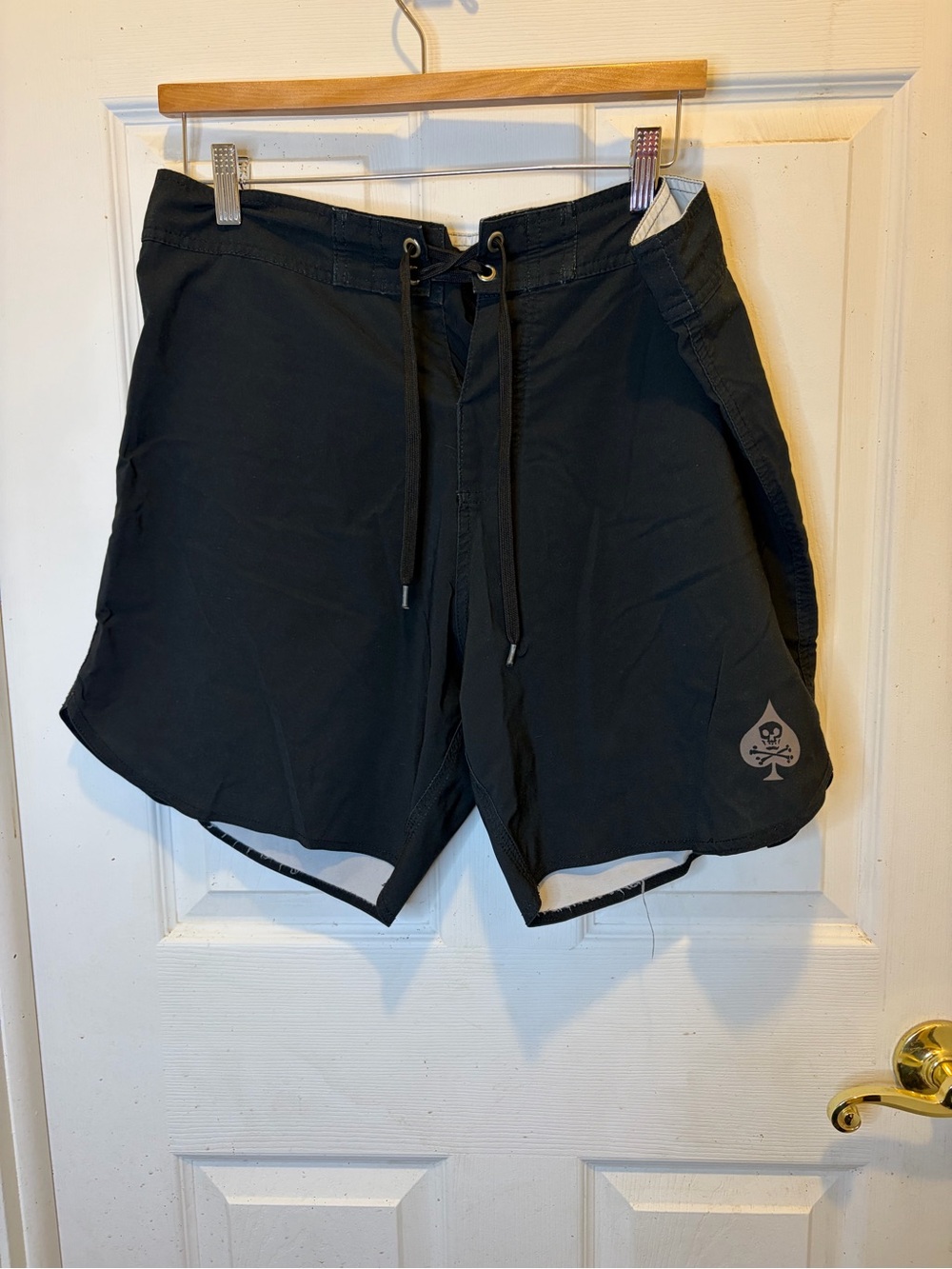 Men's Black Swim Trunks with Drawstring Waist and Skull Spade Accent